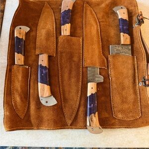 Handcrafted 5pc Resin and Wood Knife Set with Suede Roll